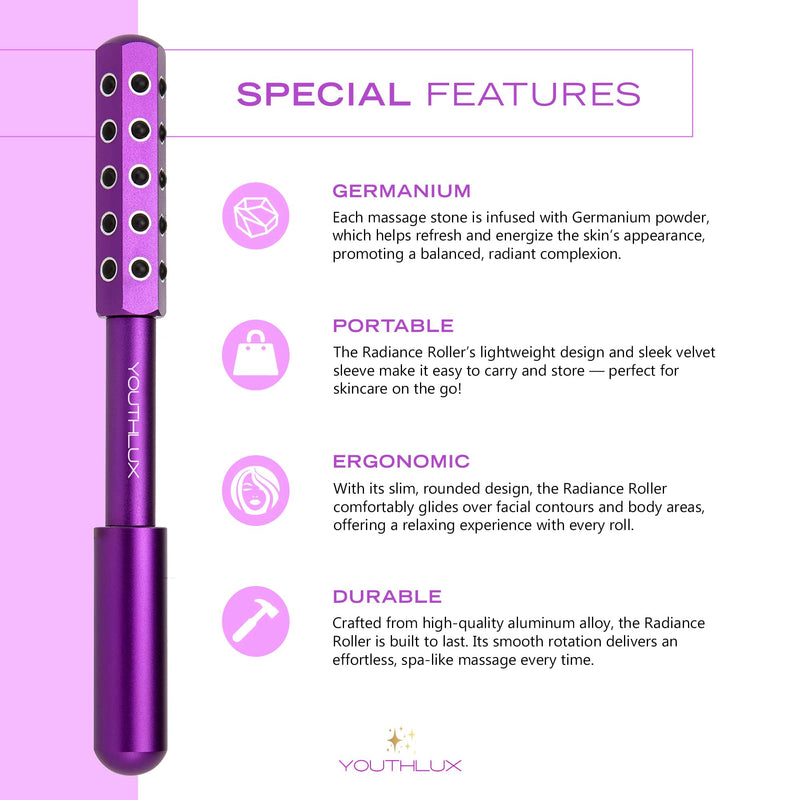 Radiance Roller – Germanium Stone Facial Massage Tool for Lifting, Sculpting, De-Puffing, Glow Boost, Energizing & Cooling Effect (Purple) Purple