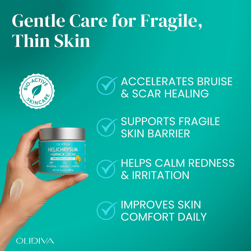 Arnica Bruise Cream | Extra Strength Arnica Cream for Bruises, Mature & Thin Skin with Helichrysum, Vitamins K, C & E | Soothes, Restores & Strengthens Skin Barrier for Adult & Senior - 3.4oz