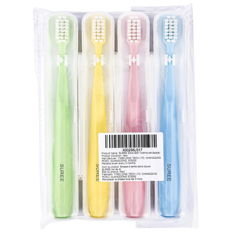 [Australia] - SUREE Extra Soft Toothbrush for Sensitive Teeth, Upgraded 10000 Ultra Soft Bristles for Adults & Elders, Manual Travel Toothbrush with Individual Portable Case (4 Pack) 4 Packs with Travel Cases 