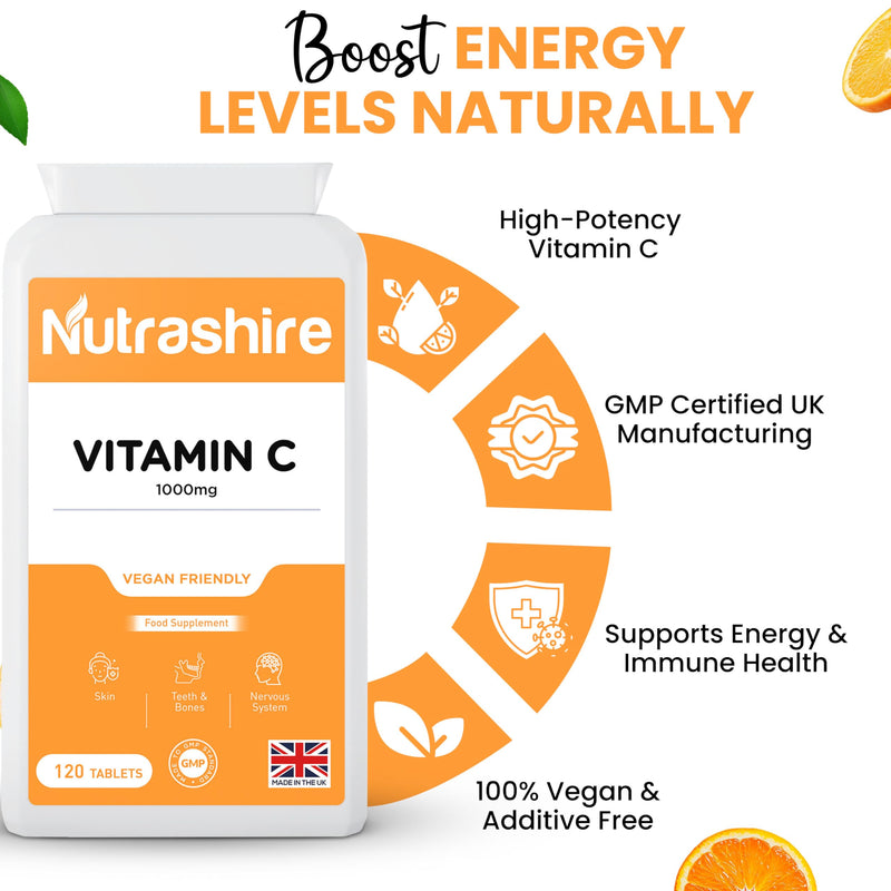 Vitamin C Tablets 1000mg – 120 Vegan Tablets (4 Month Supply) – Gluten Free Vitamin C Supplements for Skin, Bones, Teeth, Fatigue and Immune Support – High Strength VIT C - Made in the UK