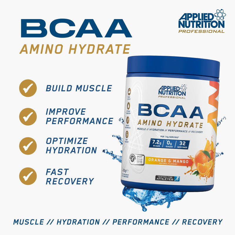 Applied Nutrition BCAA Powder - Branched Chain Amino Acids BCAAs Supplement, Amino Hydrate Intra Workout & Recovery Energy Drink (450g - 32 Servings) (Orange & Mango) Orange & Mango 450g (Pack of 1)