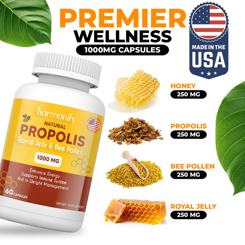 Bee Pollen Propolis Royal Jelly Extract with Carob, Pure Immune Support Supplement, Gluten-Free, Vegetarian Capsules, 1000 mg