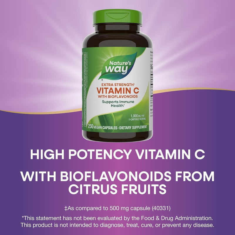 Nature's Way Extra Strength(1) Vitamin C with Bioflavonoids, Supports Immune Health*, Promotes Collagen Production for Healthy Skin*, 1,000 mg per Capsule, 250 Vegan Capsules (Packaging May Vary)
