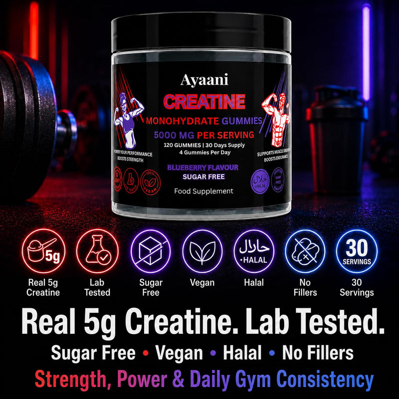 Creatine Gummies 5000mg | Real 5g Lab-Tested Creatine Monohydrate Dose | Sugar Free Vegan Halal Blueberry Gummies | No Powder, Scoop or Shaker | Strength, Power & Muscle Gains | 120