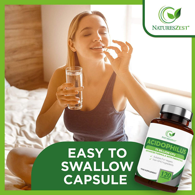 Acidophilus Probiotic Capsules 75 Billion CFU - 120 High Strength Vegan Probiotics for Gut Health with Prebiotics, Lactobacillus Acidophilus & Friendly Bacteria for Men & Women, Gluten Free, UK Made