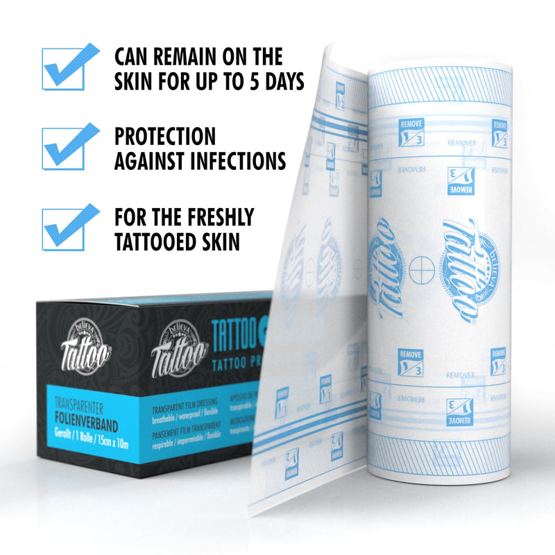 Believa Tattoo Protection Film - Transparent and breathable tattoo film for freshly tattooed skin - 10m x 15cm (roll) 1 Roll (10m x 15cm)