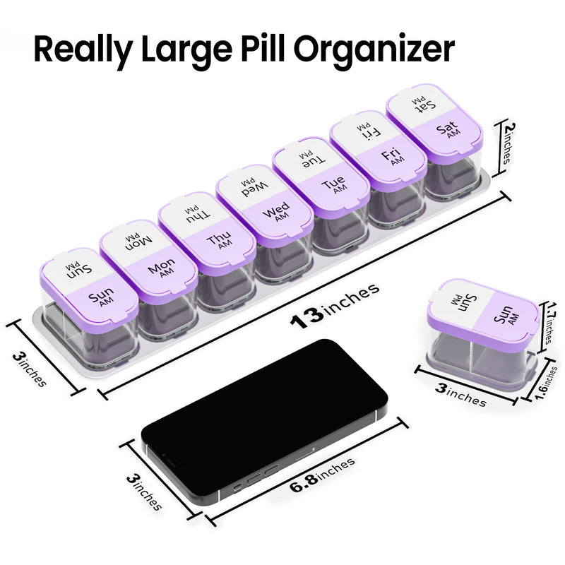 Daviky Large Pill Organizer 7 Day, Weekly XL Pill Box 2 Times a Day, Extra Big Medicine Case AM PM for Vitamins, Supplements and Medication Purple 1 Count (Pack of 1)