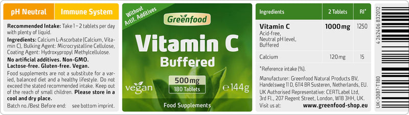 Greenfood Vitamin C, Stomach Friendly, pH Neutral, 500 mg, high dose,180 Tablets. Contributes to the Maintenance of the Immune System, Bones, Skin, Teeth and Gums. Vegan. 180 Tablets
