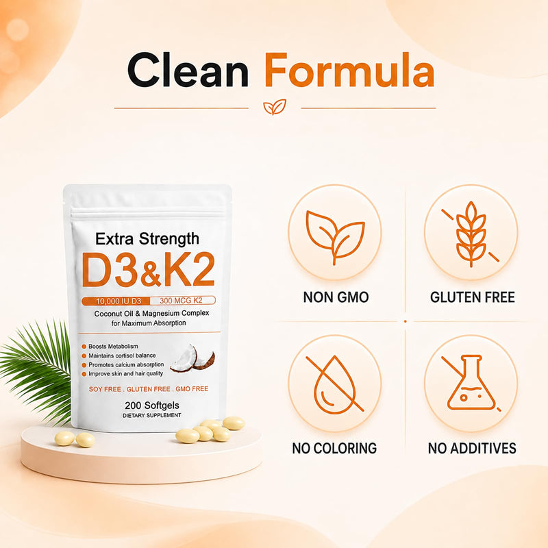 D3 K2 Magnesium Supplement, D3 K2 Vitamin 10000 IU Softgels, Promote Calcium Absorption, Cortisol Balance, Boost Metabolism, Extra Strength Triple Magnesium & Coconut Oil, 200 Softgels (1) (1) 1