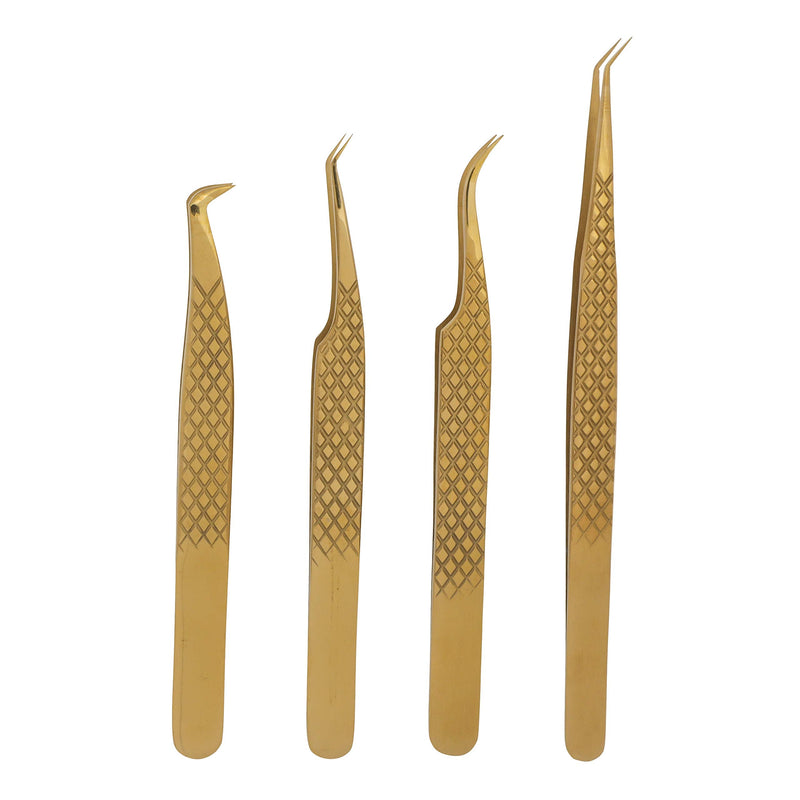 M LASH Tweezers for Eyelash Extensions (Set of 4) - Professional Lash Extension Tweezers - Fiber Tip, Japanese Steel, Diamond Grip Eyelash Extension Tweezer (Gold) Gold