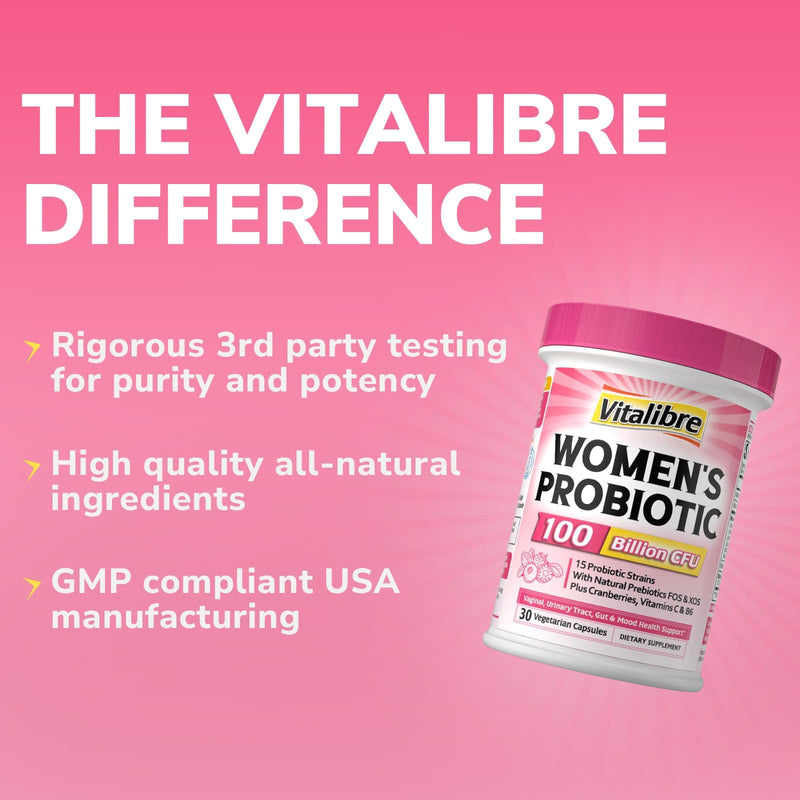 Vitalibre Probiotics for Women 100 Billion CFU 15 Strains, Daily Probiotic | 30 Vegan Capsules, Prebiotic Supplement with Organic Cranberry to Support Vaginal, Digestive, Immune Health, Shelf Stable 30 Count (Pack of 1)