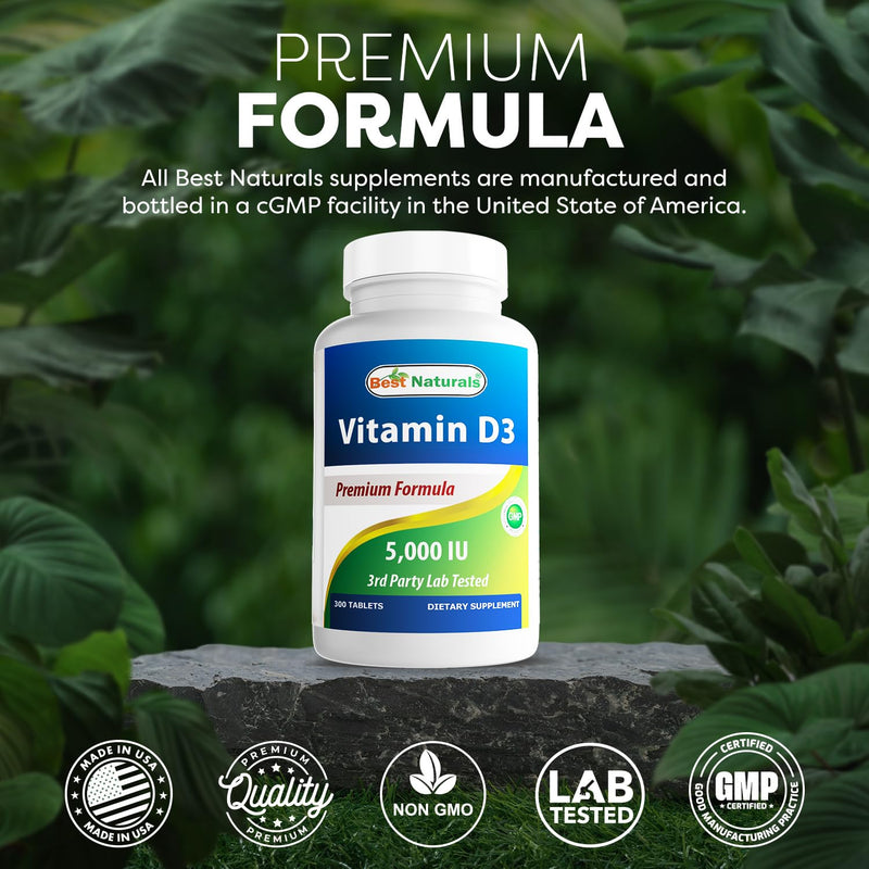 Best Naturals Vitamin D3 5000 IU – 300 Tablets – Made in USA, Non-GMO, Gluten Free, No Artificial Color, Flavor or Preservatives – Dietary Supplement 300 Count (Pack of 1)