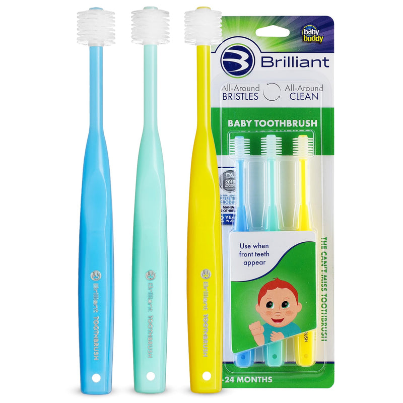 Brilliant Oral Care Baby Toothbrush with Soft Bristles and Round Head, for a Toddler Approved, Easy to Use All-Around Clean Mouth, Ages 0-2 Years, Blue Mint Yellow, 3 Pack Blue-mint-yellow 3 Count (Pack of 1)