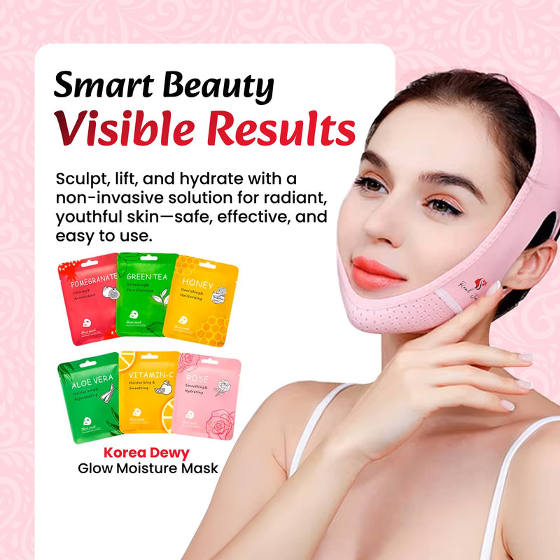 V Line Face Lifting Strap with 6 Korean Dewy Glow Masks – Reusable Chin Strap for Jawline Support, Face Slimming, Skin Care Tool for Women, Facial Firming Band, Beauty Mask Set