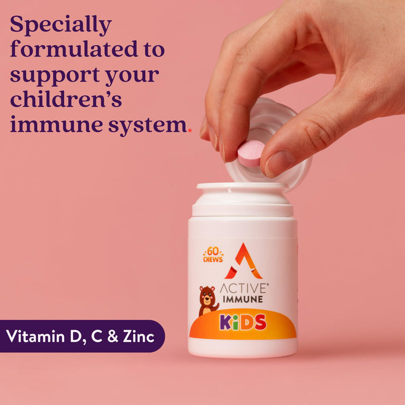 Active Immune Kids Supplement, Vitamin D, C & Zinc, Daily Multivitamin for Kids Immune System, Chewable & Easy to Swallow, 60 Orange Flavoured Chews, 2 Month Supply Immune for Kids
