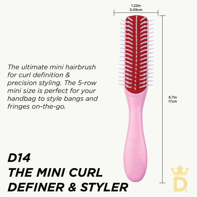 Denman Mini Curl Definer & Styler 5 Row Hairbrush for Detangling, Separating, and Defining Curls, Curly Hairbrush, Sleek Blowdrying - D14 Pink