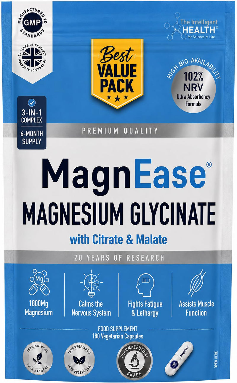 The Intelligent Health MagnEase Magnesium Glycinate 3-in-1 Complex - 1800mg High Bioavailability Magnesium Supplements - with Malate & Citrate for Muscle Function & Fatigue - 180 Capsules