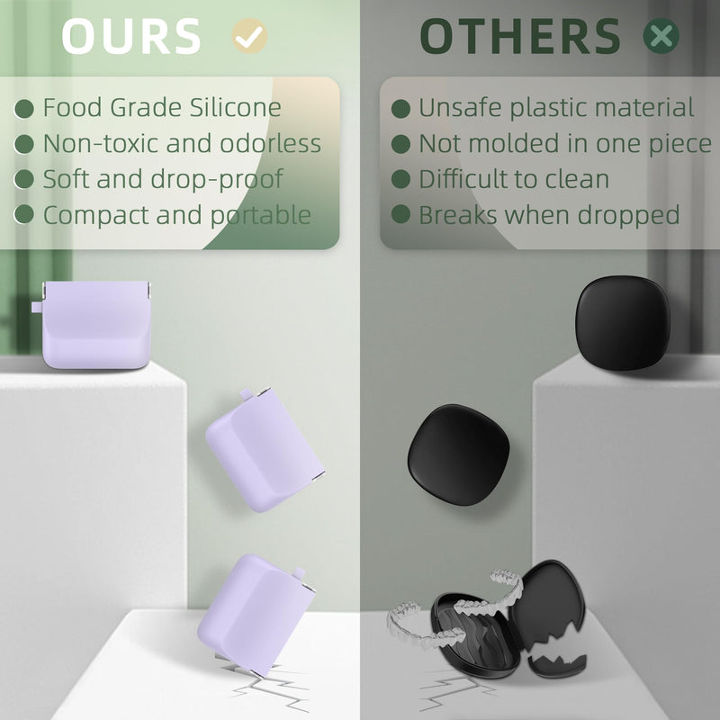 Nearockle 2 Pack Silicone Retainer Case with Lanyard, Soft Denture Case with Vent Holes Compatible for Invisalign, Portable Mouth Guard Case Travel Containers (Pink+Purple) Pink+Purple