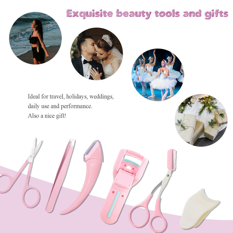 [Australia] - ONEUPIN 7-Piece Professional Eyebrow Grooming Kit with Razor, Tweezer, Eyelash Curler, False Eyelash Tool, Scissors, Comb - Women's Kit (Pink) Trimmer Sets-1 