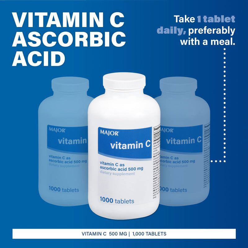 Major Vitamin C-500 mg Ascorbic Acid - Vitamin C Tablets - Dietary Supplement - 1000 Tablets