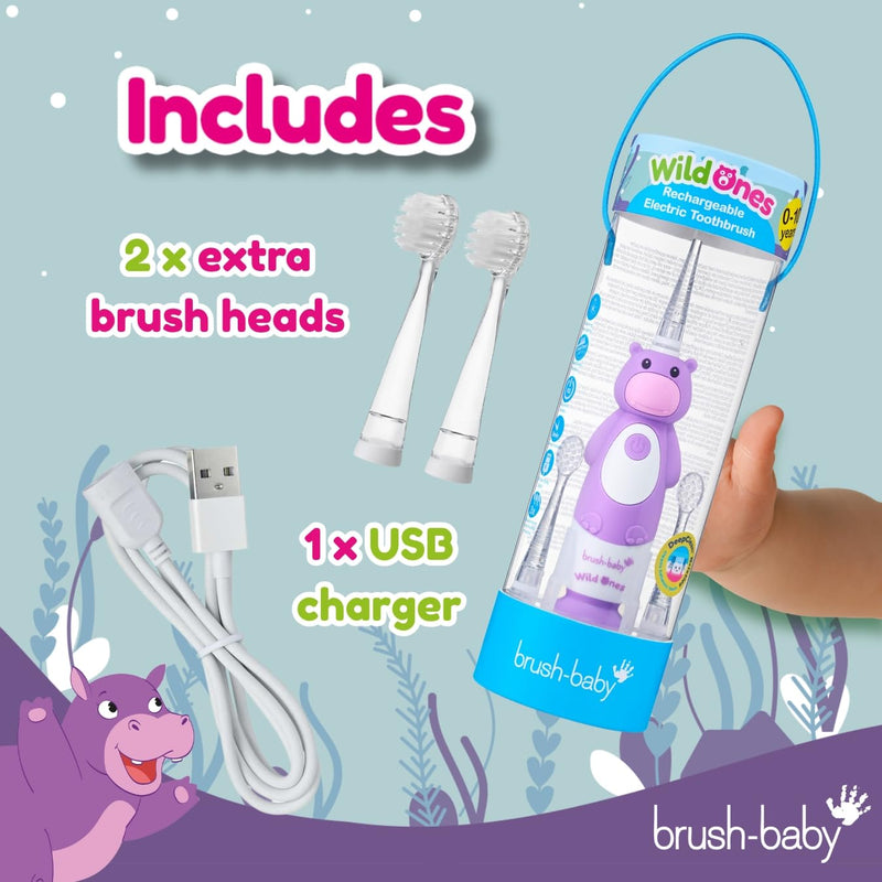 [Australia] - BrushBaby - WildOnes - Kids Rechargeable Electric Toothbrush, Ages 0-10 - Holly Hippo Design with Flashing Lights - DeepClean Bristles for Superior Cleaning - 2 Replacement Brush Heads, 1 USB Cable 