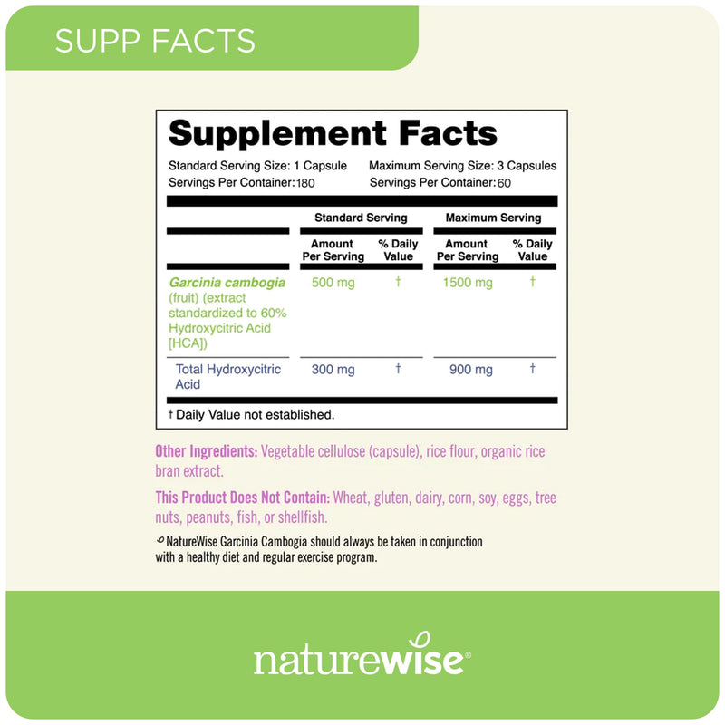[Australia] - Naturewise Garcinia Cambogia - 60% HCA Concentration Extract, Natural Support for Weight Goals and Energy Levels - Vegan, Non-GMO, Gluten Free - 180 Capsules[2-6 Month Supply] 180 Count (Pack of 1) 