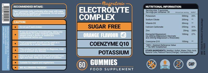 Electrolyte Gummies with Potassium & Magnesium | 60 Sugar Free Vegan Gummies | Orange Flavour | with Zinc, Calcium, Vitamin D3 & CoQ10 | 30 Day Supply