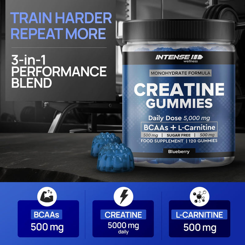 Creatine Monohydrate Gummies 5000mg - Sugar Free Vegan Pre Workout Chews - BCAAs 500mg, L-Carnitine 500mg - Gym Supplement for Men and Women, Blueberry, 120 Count 120 count (Pack of 1)
