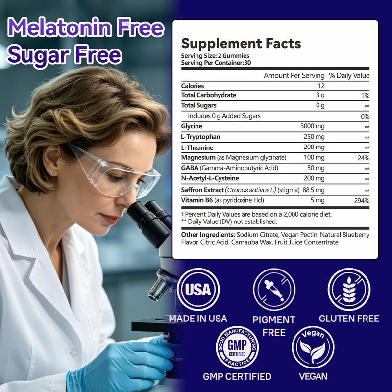 Glycine 3g Gummies for Sleep Sugar Free Made in USA | Glycine 3000mg Supplements with Magnesium, NAC, L-Theanine,GABA, L-Tryptophan, Saffron, B6 for Relax, Nerve & Brain