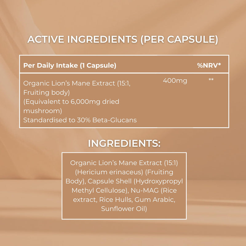 Focus Supplement, 30x Lions Mane Supplement Capsules for Focus, Memory & Clarity | Mentara | 400mg Fruiting Body Extract (6000mg Equivalent, 30% Beta Glucans) Vegan Organic Lion's Mane Mushroom