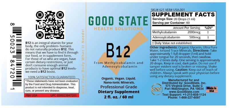 Good State Vitamin B12 Liquid Mineral Supplement | Vegan, Organic and Professional Grade B12 Vitamins Sublingual Liquid | Nano-Ionic for Optimal Absorption | 2 Fl oz Bottle