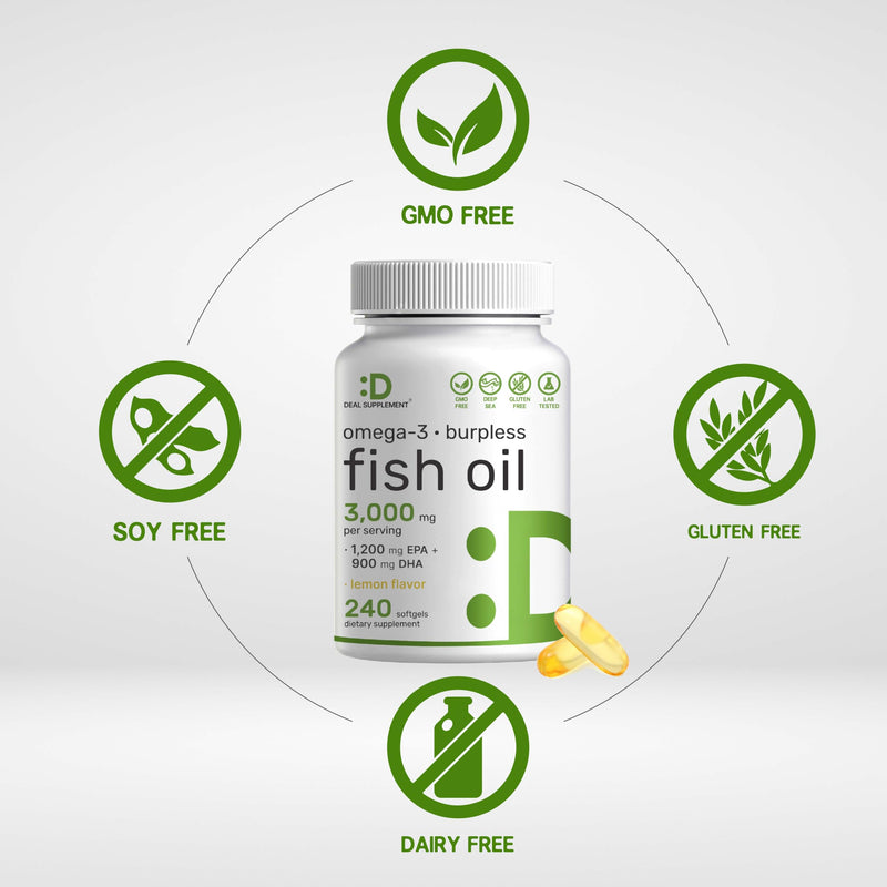 [Australia] - DEAL SUPPLEMENT Omega 3 Fish Oil Supplements, 3,000mg Per Serving, 240 Softgels – EPA 1,200mg + DHA 900mg – Burpless Pills, Lemon Flavored, Wild Caught – Brain & Heart Support – Mercury Free, Non-GMO 