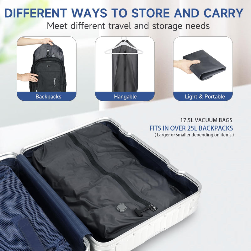 Vacuum bags for travel,17.5L Reusable vacuum bags for luggage,Waterproof compression bag Space Saver Bags for Suitcases Backpack Travel and business(1PC+Pump) 1PC+ PUMP 17.5L
