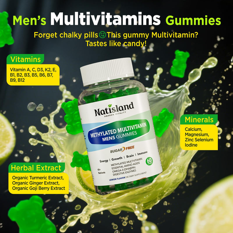 Methylated Multivitamin for Men Gummies, Men`s Multivitamins Gummies with Vitamin B Complex, A, C ,D3, E, K2, Calcium, Magnesium, Omega-3, Energy & Immune, Vegan, 50 Plus, Sugar Free, 60 Count