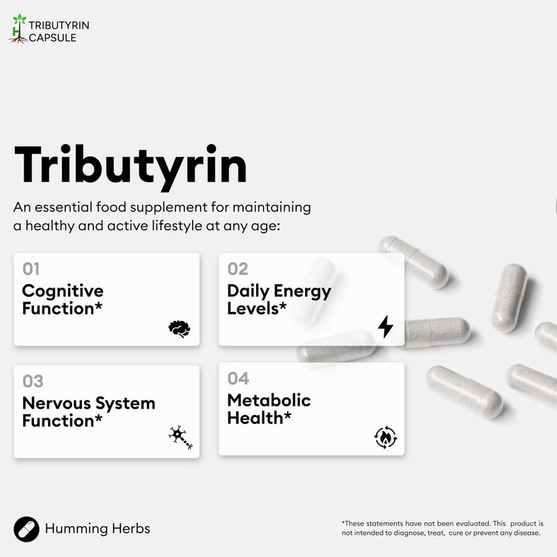 Humming Herbs Tributyrin Complex – 120 Vegan Capsules (60 Days) | 95% Pure Tributyrin, L-Glutamine, Zinc (as Zinc-L-Carnosine), Prebiotic FOS & Probiotic Blend