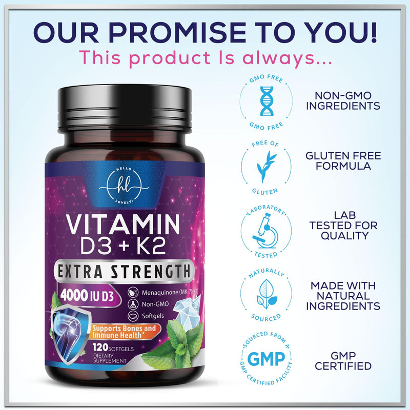 Vitamin D with K2 (MK-7) - Vitamin D3 4000IU (100mcg) Per Serving - D3K2 Complex Supplement for Bone, Teeth, Muscle, Calcium Absorption, Immune Support & Heart Health - Bottled in USA - 120 Softgels 120 Count (Pack of 1)