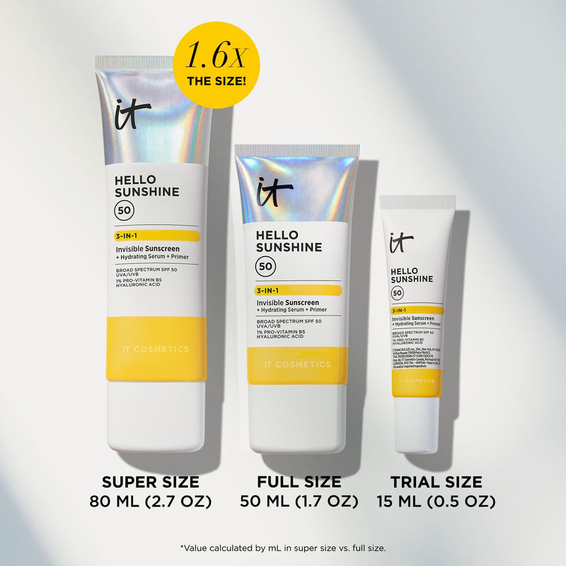 IT Cosmetics Hello Sunshine Hydrating Serum Facial Sunscreen SPF 50 | 3-in-1 Daily Face Sunscreen + Hydrating Serum + Makeup Primer - No White Cast, Sun + Pollution Protection for Face and Neck 2.7 Fl Oz