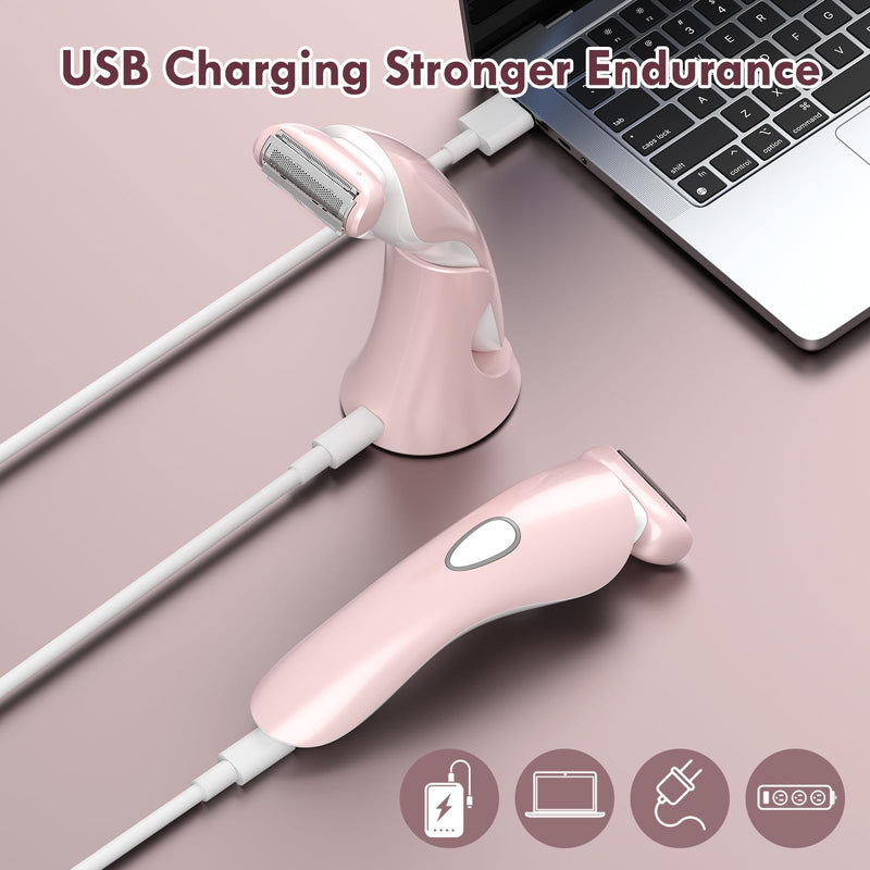 [Australia] - Electric Razor for Women - Painless Eletric Shavers for Women, Body Hair Removal for Legs and Underarms, Ladies Bikini Trimmer Wet Dry Shave, Rechargeable, with LED Light, Pink 970 