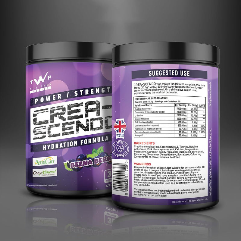 TWP Nutrition Platinum Series Crea-Scendo Creatine Powder, 470g / 250g and 50/30 Servings, 5 Great Flavours (Beena Berry, 470g) Beena Berry