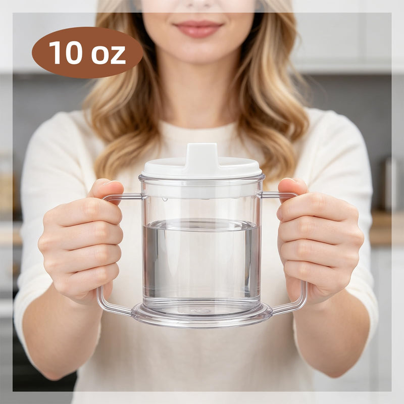 Adult Sippy Cup for Elderly, 10 oz Plastic Spill Proof Cups with 2 Handles for Adult Elderly Care Hospital Drinking Mug Easy to Grasp Handles for Hot and Cold Beverages