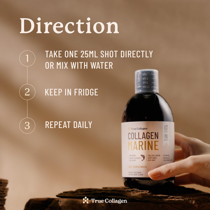True Collagen Marine 11,000 mg Hydrolyzed Liquid, 500 ml, 20 Day | 11,000mg Type 1 & 3 hydrolyzed collagen with hyaluronic acid, biotin & vitamin C for healthy hair, skin, joints & nails True Collagen Marine 500ml