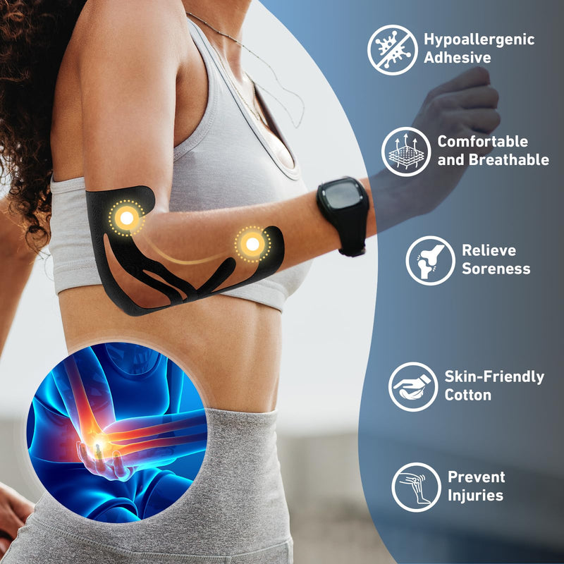 [Australia] - 12 Count Kinesiology Tape for Elbow, Pre-Cut Waterproof KTquick Elbow Tape for Elbow Pain Relief Pre Cut, Original Cotton Athletic Tape, Durable Knee Tape for Sports and Long-Lasting Support (Black) Black 