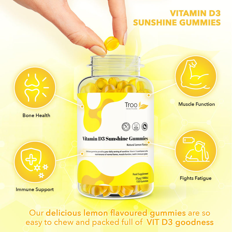 Troo Health Care Vitamin D3 Gummies (1000iu) - Natural Lemon Flavoured - 150 Count for Teens & Adults - 5 Month Supply - Non-GMO, Supports Immune Function, Bone & Teeth Health 150 count (Pack of 1)