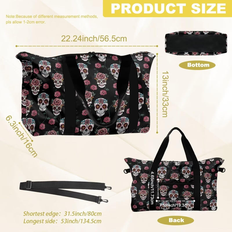 Floral Skull Carry on Tote Bags for Women Men Travel Duffle Bag for Yoga Gym Weekender Bags with Large Capacity Floral Skull