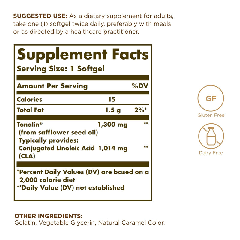 SOLGAR Tonalin CLA 1300 mg - 60 Softgels - Conjugated Linoleic Acid - Non-GMO, Gluten Free, Dairy Free - 60 Servings