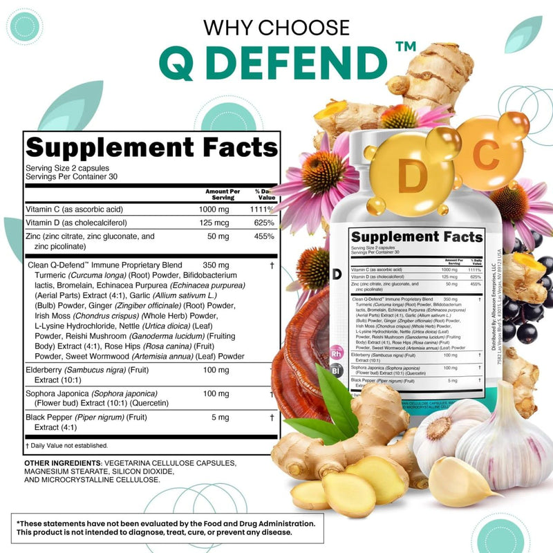 Q Defend Quercetin Supplement with Zinc Vitamin C Vitamin D Elderberry Turmeric Black Pepper Garlic Ginger Sea Moss Lysine Stinging Nettle Reishi Mushroom Immune Support 60 Capsules 60 Count (Pack of 1)
