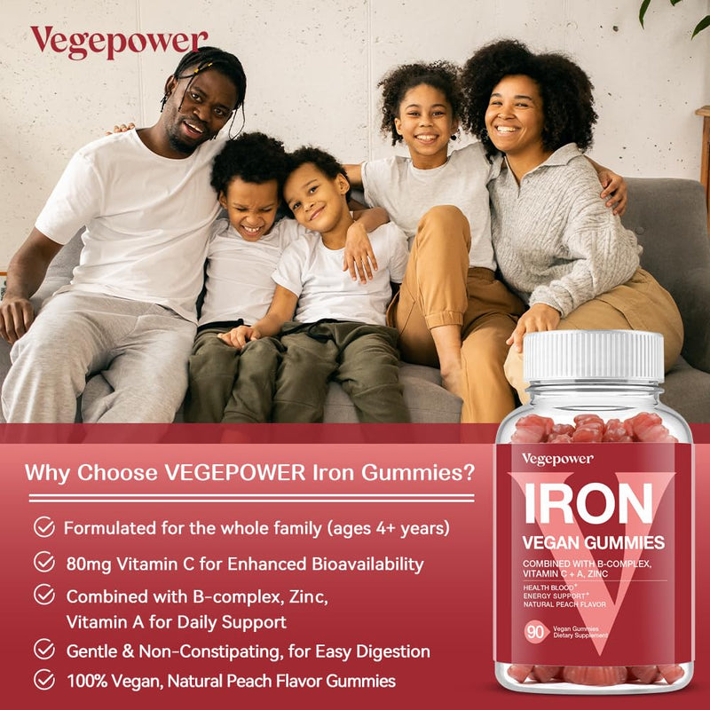 Vegan Iron Gummies Supplement for Adults & Kids, Peach, 90 Ct | with Vitamin C, A, B-Complex, Folate, Zinc - Healthy Blood & Energy Support for Iron Deficiency, Anemia, No Gelatin, Non-GMO 90 Count (Pack of 1)