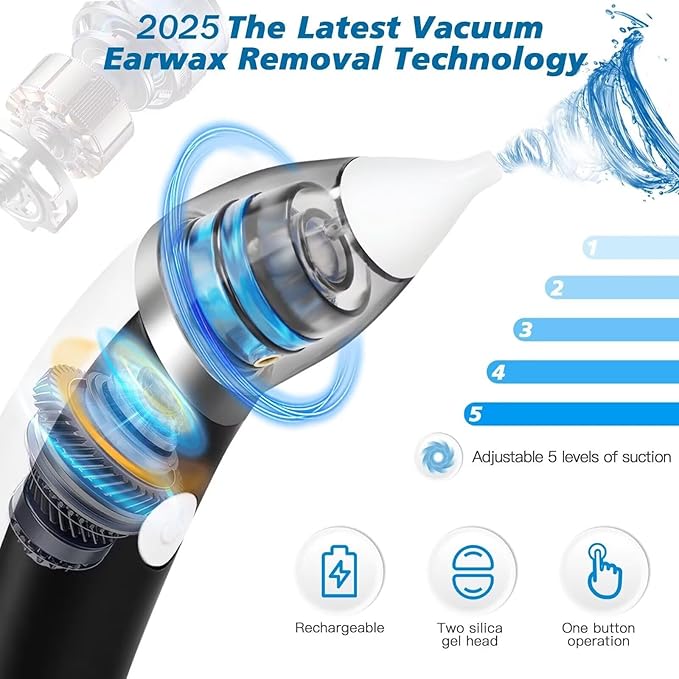 [Australia] - Ear Vacuum Wax Remover, Ear Wax Removal with 8 Pcs Ear Pick, Ear Wax Removal Tool with Strong Suction, Ear Vacuum with Charging Cable, Ear Suction Device for Adults and Kids (White) 