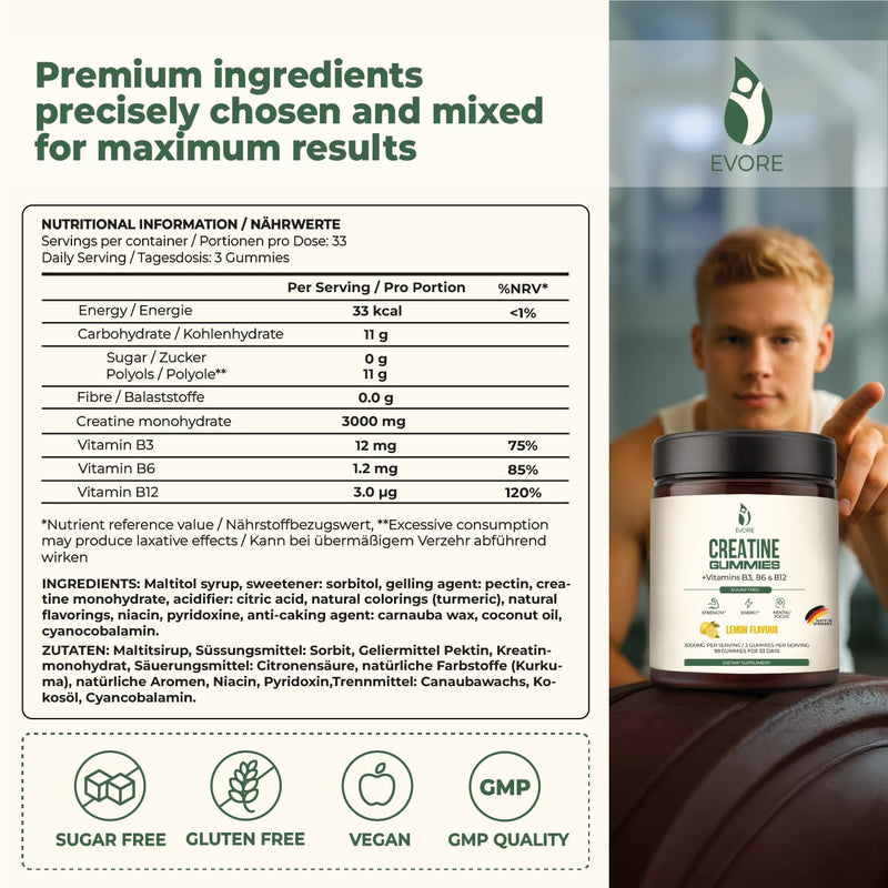 Creatine Gummies – 3000mg Creatine per Serving – 99 Sugar-Free Gummies – Made in Germany, Lab Tested – with Vitamins B3, B6, and B12 – Alternative to Capsules, Tablets, and Powders – Lemon