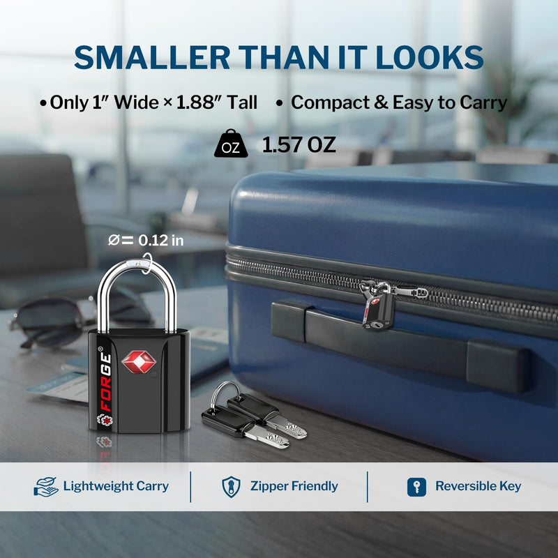 Forge Smal TSA Approved Luggage Locks: Ultra Secure dimple Key Locks with zinc Alloy Body, for Luggage, Travel Cases, Backpacks, Suitcase and More. Black 6PK. Black 6 Pack